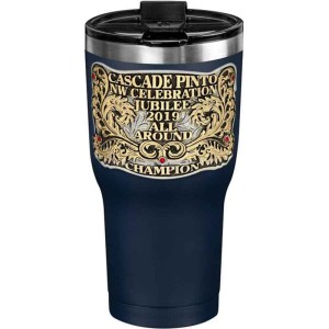 A custom tumbler made of stainless steel with a personalized engraved western decoration, featuring bronze lettering and vines, 30 oz, ideal for coffee